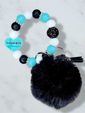 Fashion Tiffany&Co Heart Pom Pom Beaded Wristlet Keychain